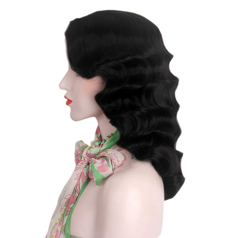 STfantasy Finger Wave Wig 1920s Retro Mid Length Long Curly Synthetic Hair for Women Cosplay Halloween Party Costume (Jet Black) - Image 4